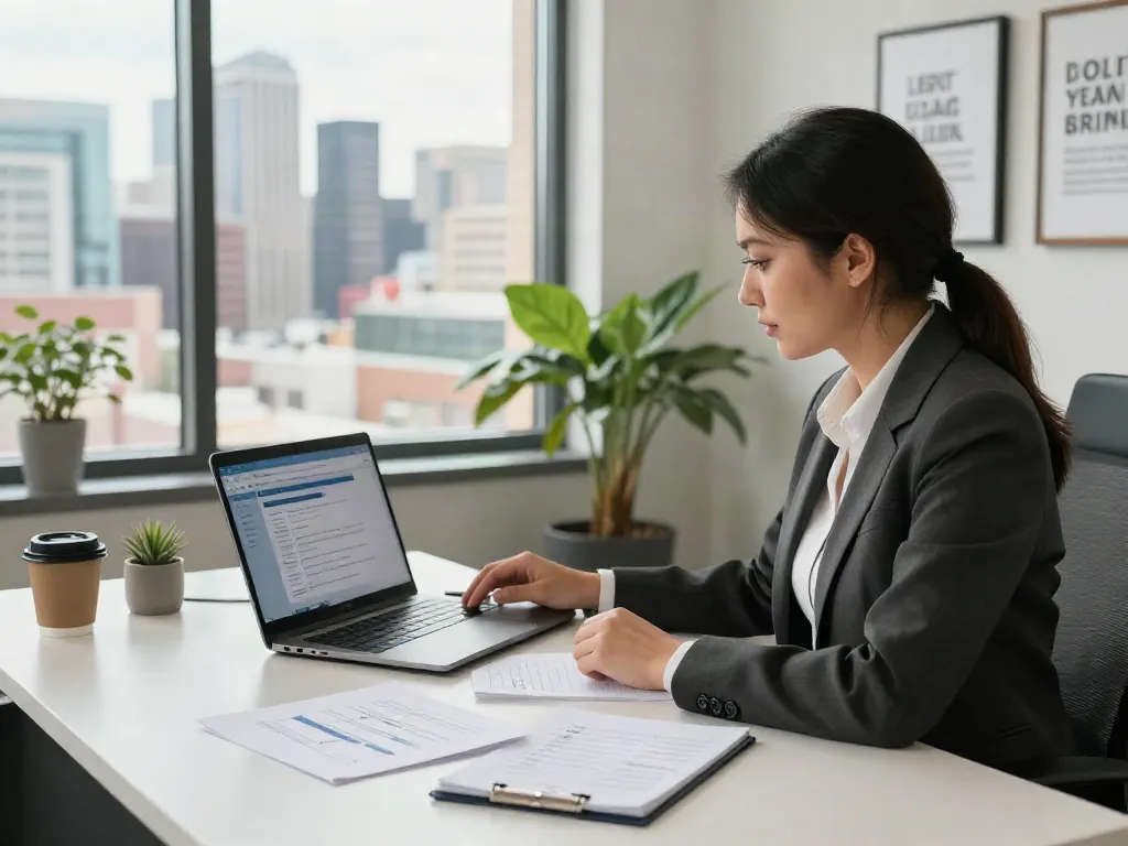 Consultant working in an urban Calgary office, assisting clients with payday loans at https://calgary.paydayloans-on.ca/. Professional atmosphere with city skyline view.