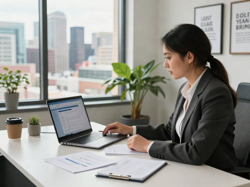 Consultant working in an urban Calgary office, assisting clients with payday loans at https://calgary.paydayloans-on.ca/. Professional atmosphere with city skyline view.
