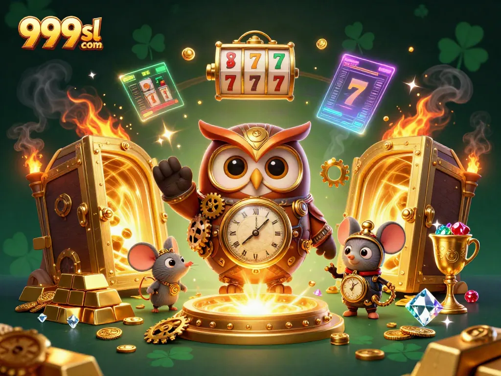 Experience winning at 999sl com with a whimsical casino adventure featuring an owl and a mouse amid riches.