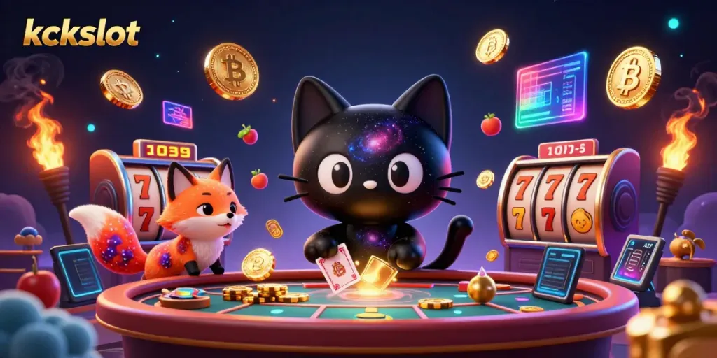 Menggulung chip emas dan kartu dengan kucing hitam galaksi kckslot di meja kasino.