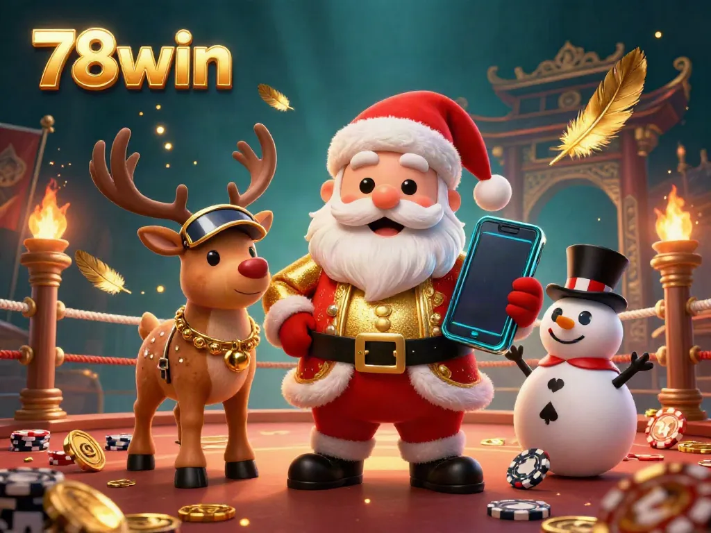 Experience thrilling moments at 78win with Santa Claus and friends celebrating jackpots in a vibrant casino.