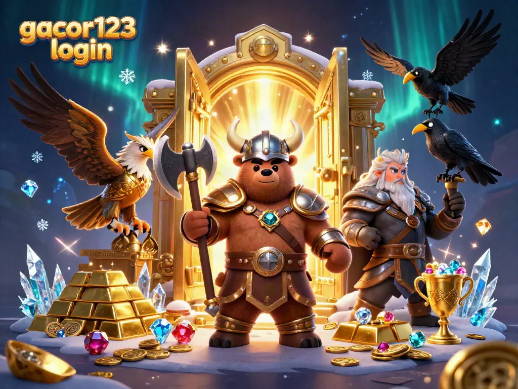 Experience thrilling wins with gacor123 login in a vibrant 3D casino scene filled with treasures.