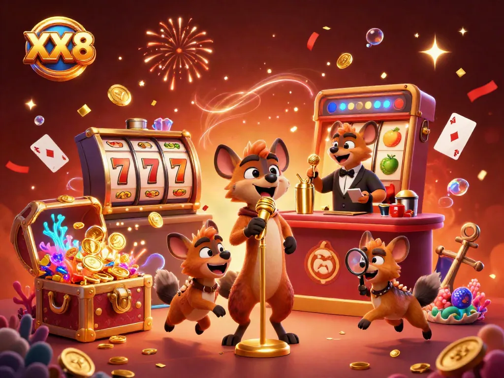 Hyenas entertain in a vibrant casino scene featuring slot games and golden elements, showcasing XX8.