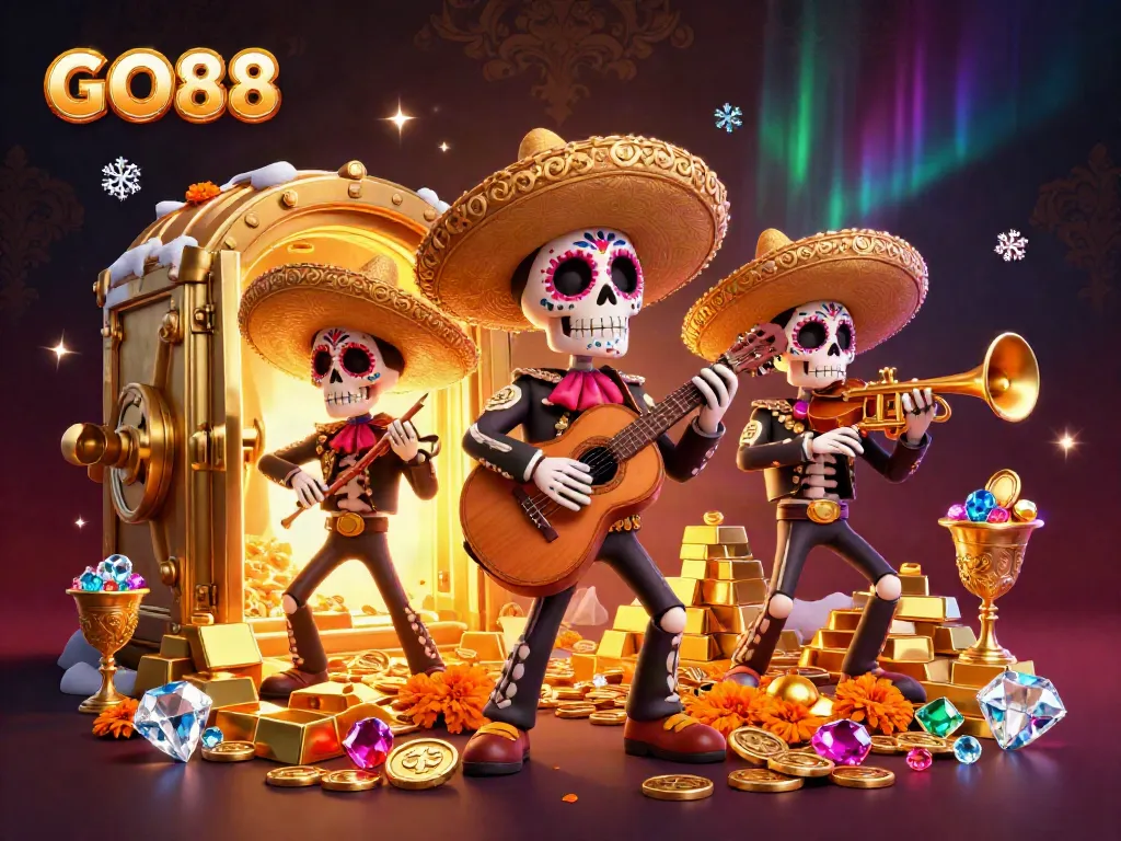 Experience the colorful excitement at GO88 with dynamic mariachi characters amidst gold treasures.