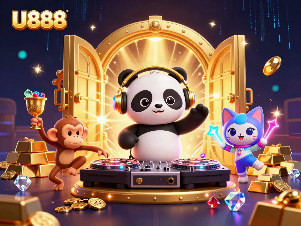 Engage with the vibrant casino scene featuring U888's DJ panda, glamorous gems, and dynamic characters.