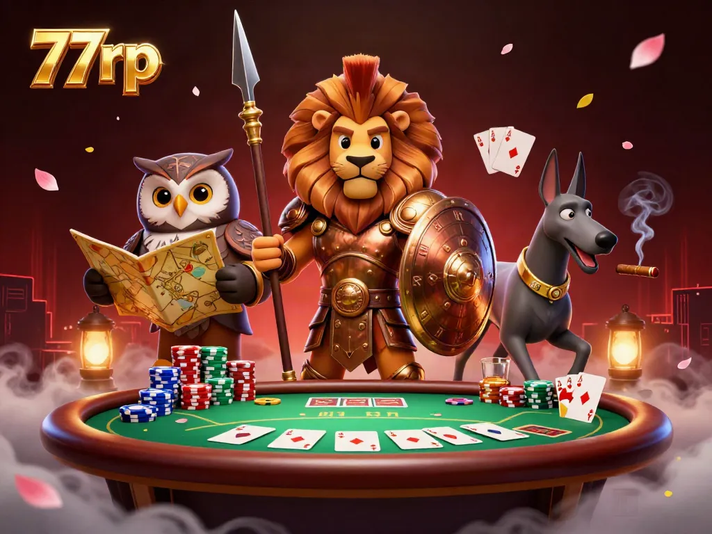 77rp inspired gaming scene showcasing a heroic lion, an owl strategist, and a greyhound messenger with poker elements.