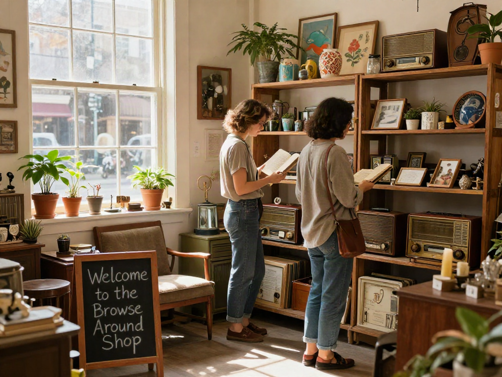 Couple browsing through enchanting antiques at the Browse Around Shop.