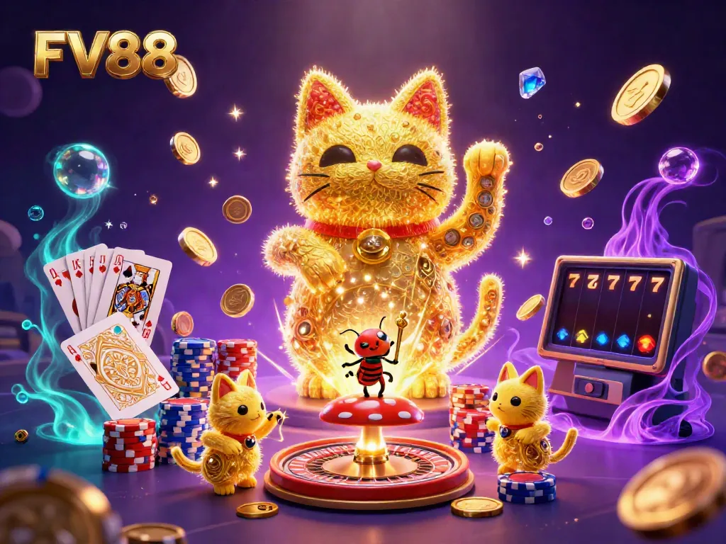 Experience thrilling fun at FV88 with a vibrant 3D illustration showcasing a lucky cat, casino symbols, and dynamic gaming elements.