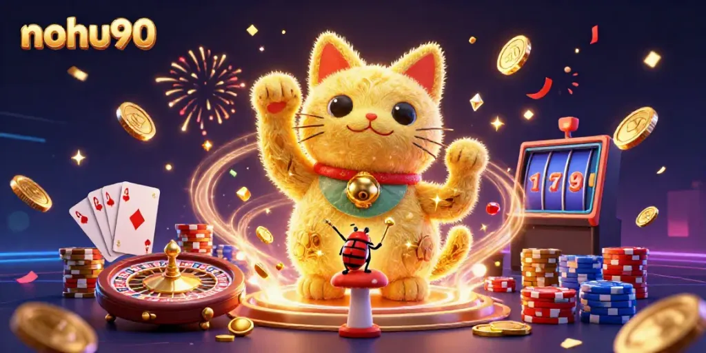 Nohu90's lucky cat made from golden fireflies captures casino excitement with colorful elements.