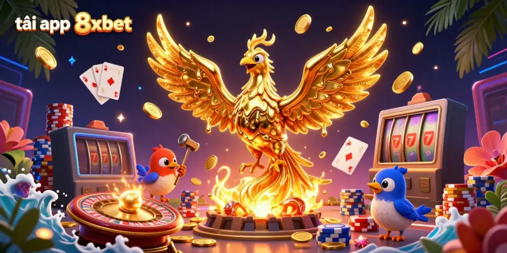 Experience the excitement of tải app 8xbet with golden phoenix amidst dynamic casino elements.