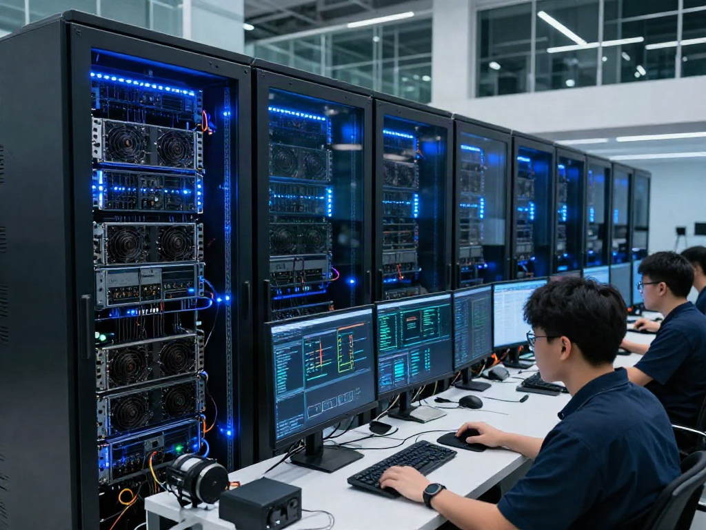 AI data center with powerful GPUs and technicians monitoring real-time analytics.
