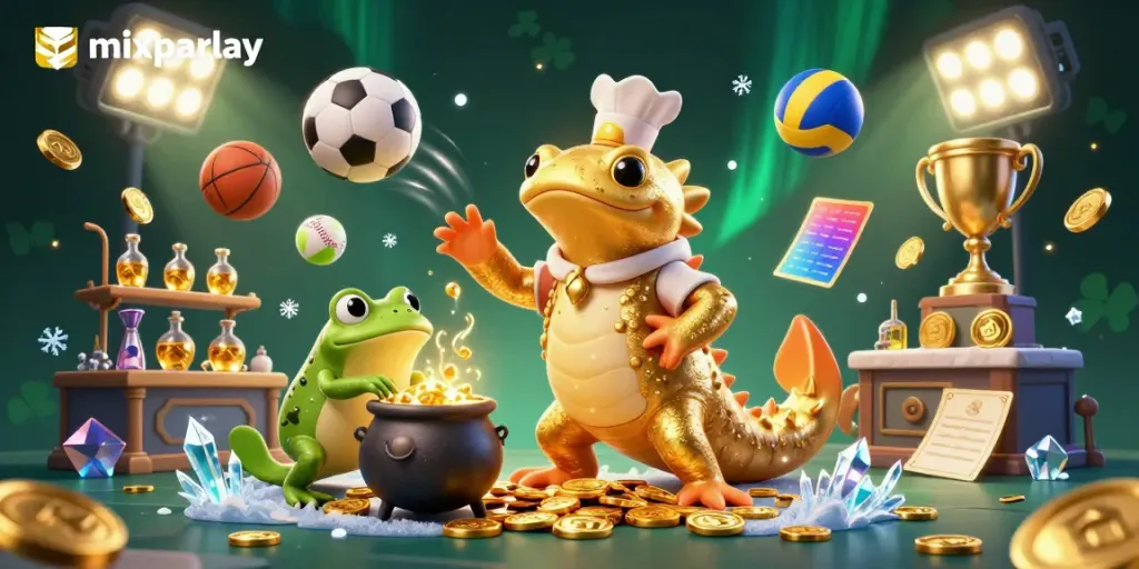 Experience the thrill of mixparlay betting with golden alchemical themes and sports elements.