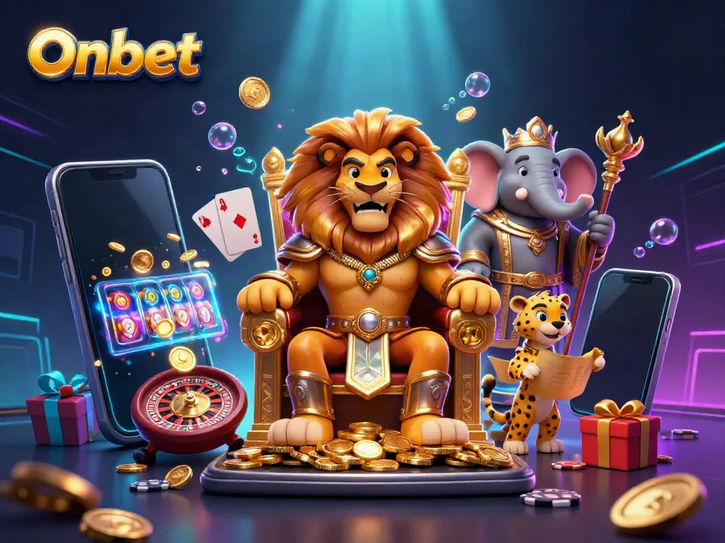 Onbet showcases a casino experience with a powerful lion king, wise elephant, and swift cheetah amidst rich gaming elements.