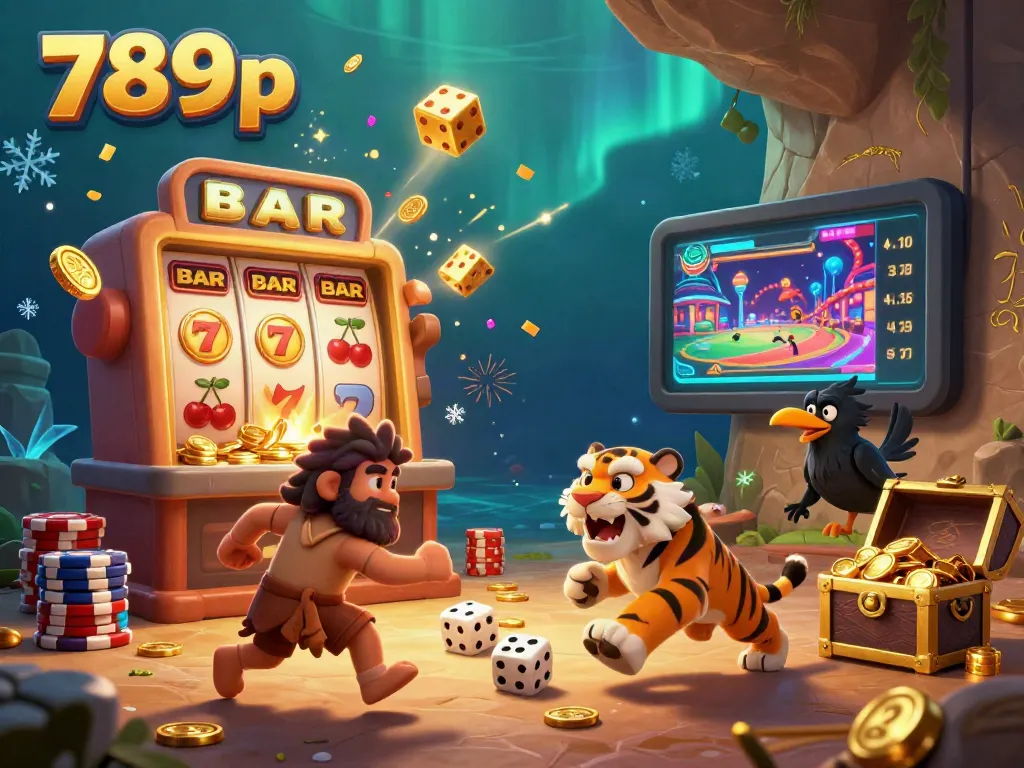 Experience thrilling gaming excitement at 789p with a vibrant 3D casino scene featuring a lively caveman and sabertooth tiger.