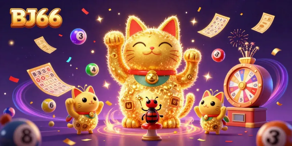 Experience the excitement of BJ66 with a vibrant cartoon illustration showcasing a lucky cat and festive casino elements.