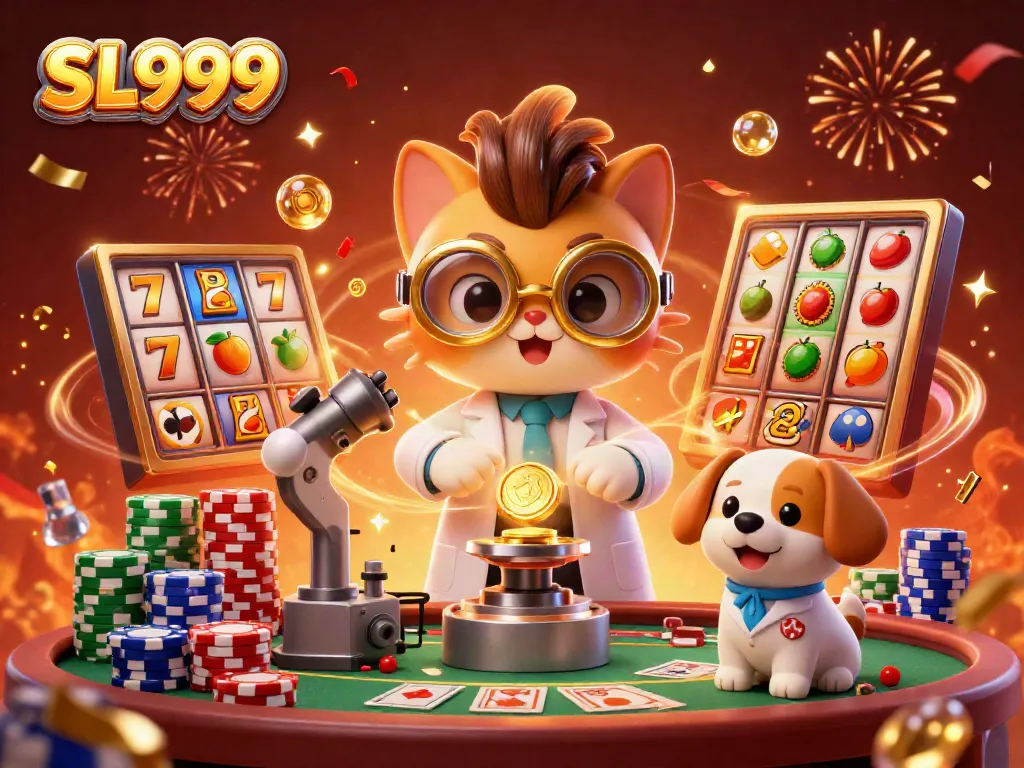 SL999 showcases a winning strategy with vibrant slot reels in a celebratory casino scene.