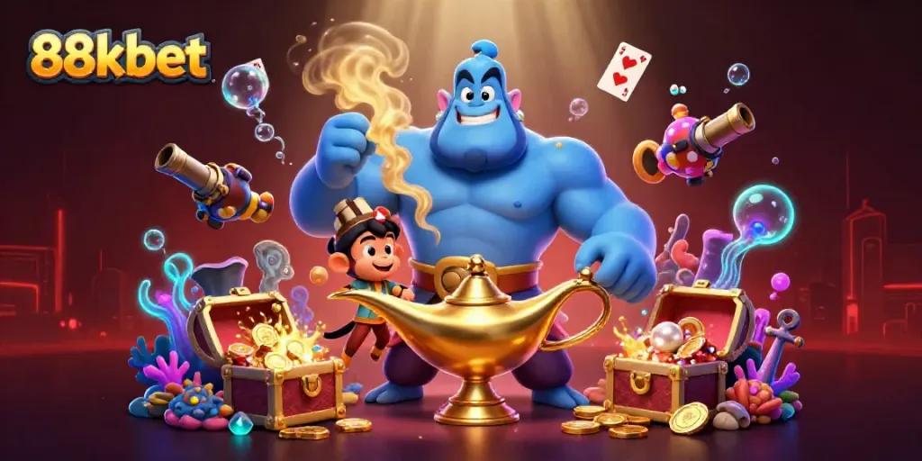 Experience the magic of 88kbet with a vibrant casino scene showcasing characters and gaming elements.