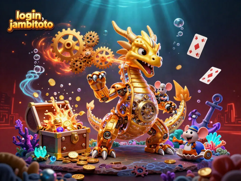 Win big with login jambitoto, featuring a golden dragon surrounded by treasures in an underwater casino scene.