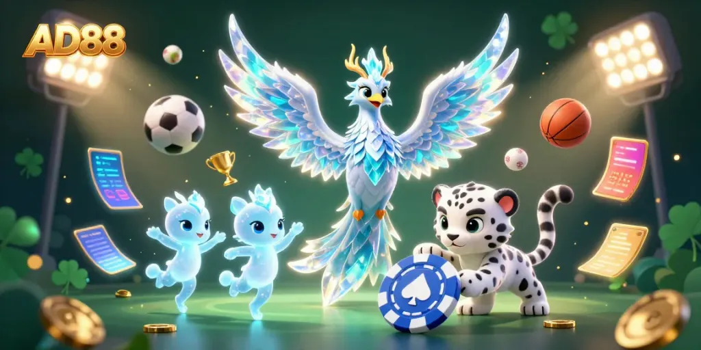 Engage with the AD88 illuminated ice phoenix amidst dynamic sports betting elements in a vibrant 3D scene.