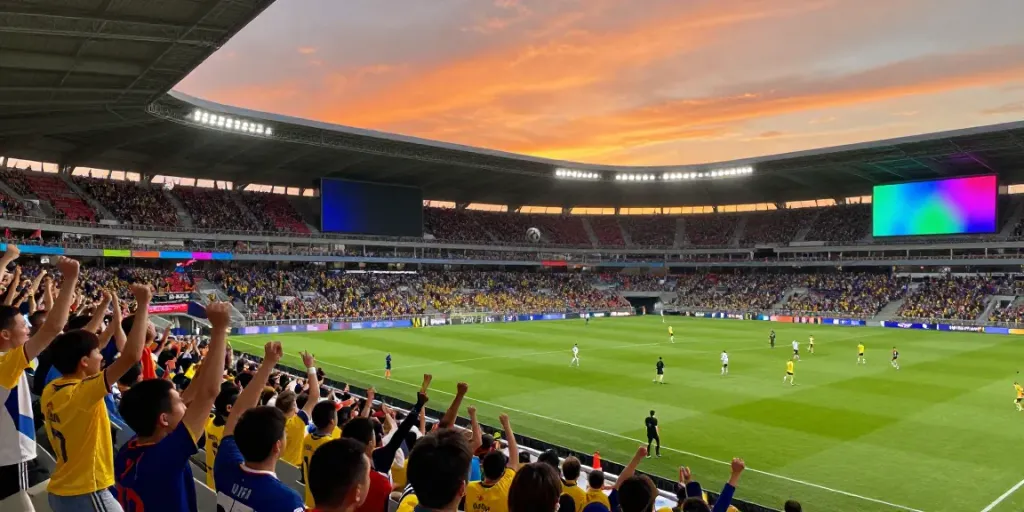 Football stadium packed with fans cheering passionately during a match showcasing live updates and player action, emphasizing ผลบอลสด.