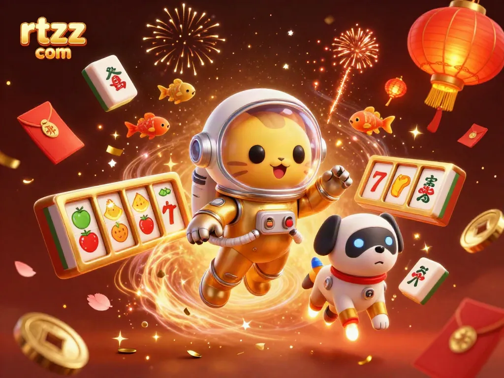 Experience the excitement of gameplay at rtzz com with an astronaut cat and its robotic companion in a vibrant 3D casino universe.