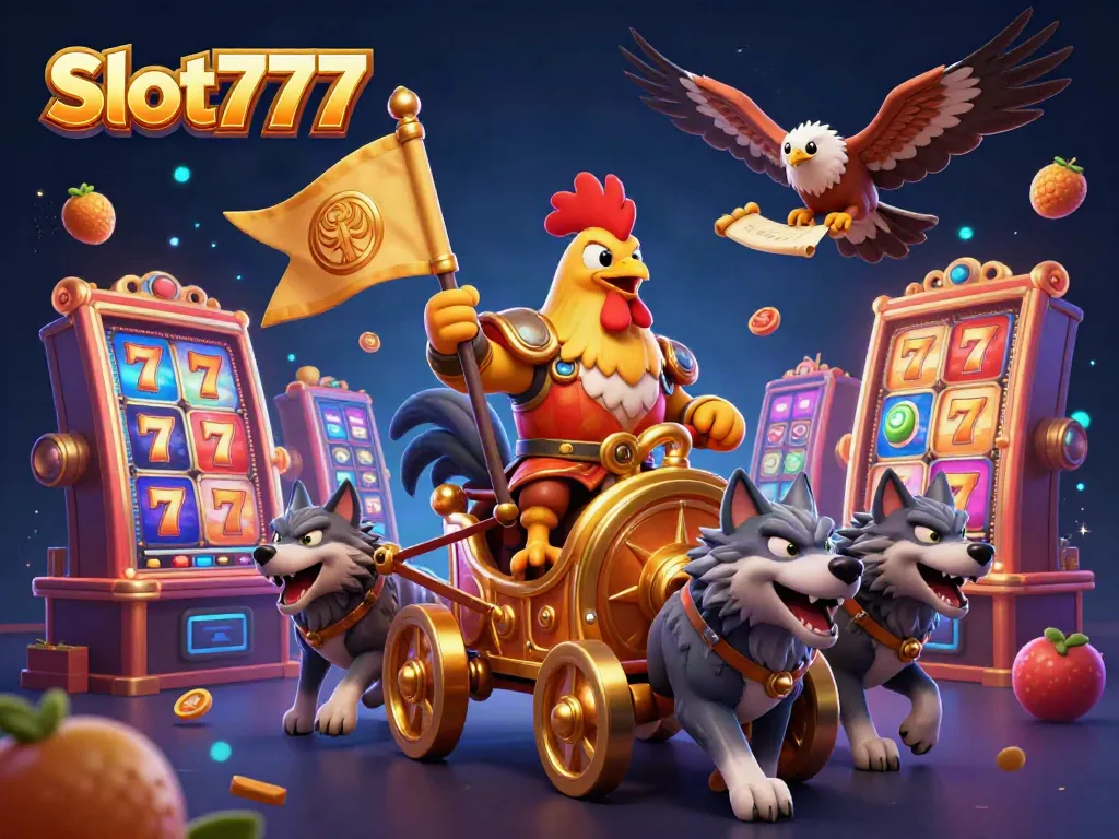 Experience the thrill of Slot777 with a vibrant illustration of a rooster warlord in a golden chariot, surrounded by slot game elements.