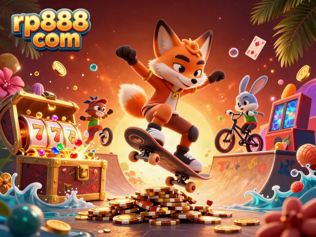 Experience exciting gameplay with rp888 com through vibrant casino-themed art featuring playful characters.