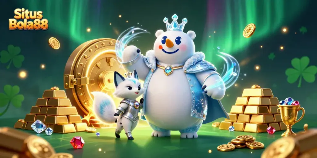 Situs Bola88 showcases a vibrant 3D scene with a polar bear and snow fox in a treasure-filled casino.