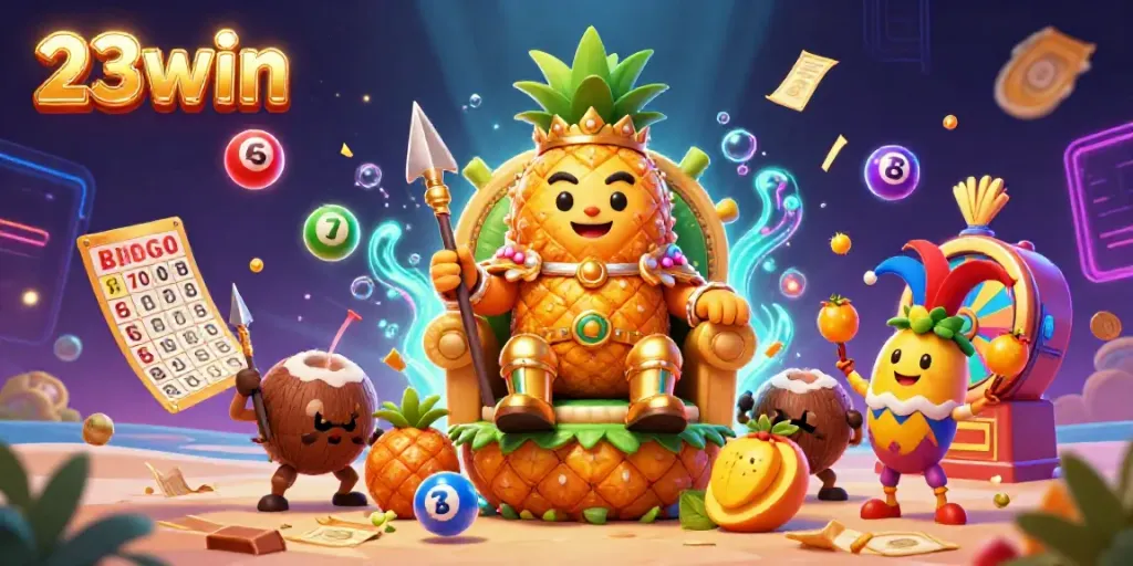 Experience the excitement of 23win with vibrant games in a dynamic casino illustration featuring lively characters.