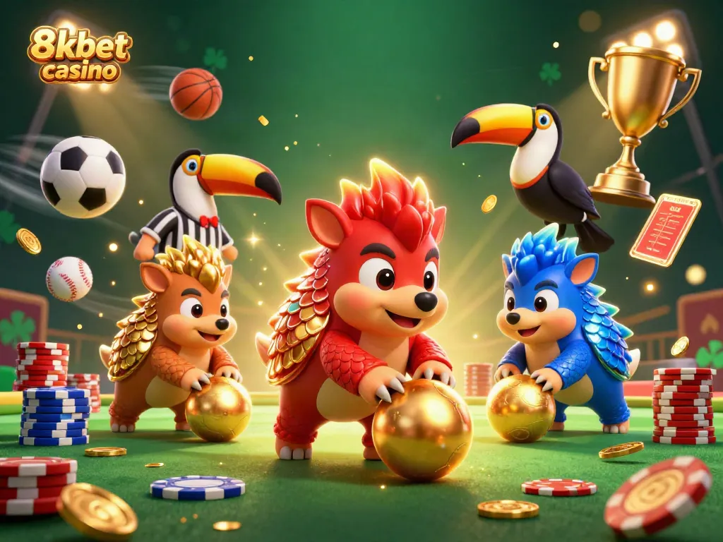 Engage with the dynamic scene of 8xbet casino featuring playful pangolins and vibrant gaming elements.