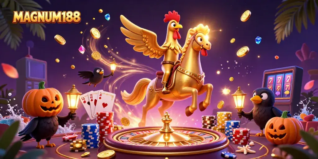 Experience big wins with MAGNUM188 in this vibrant casino scene featuring golden elements and dynamic characters.