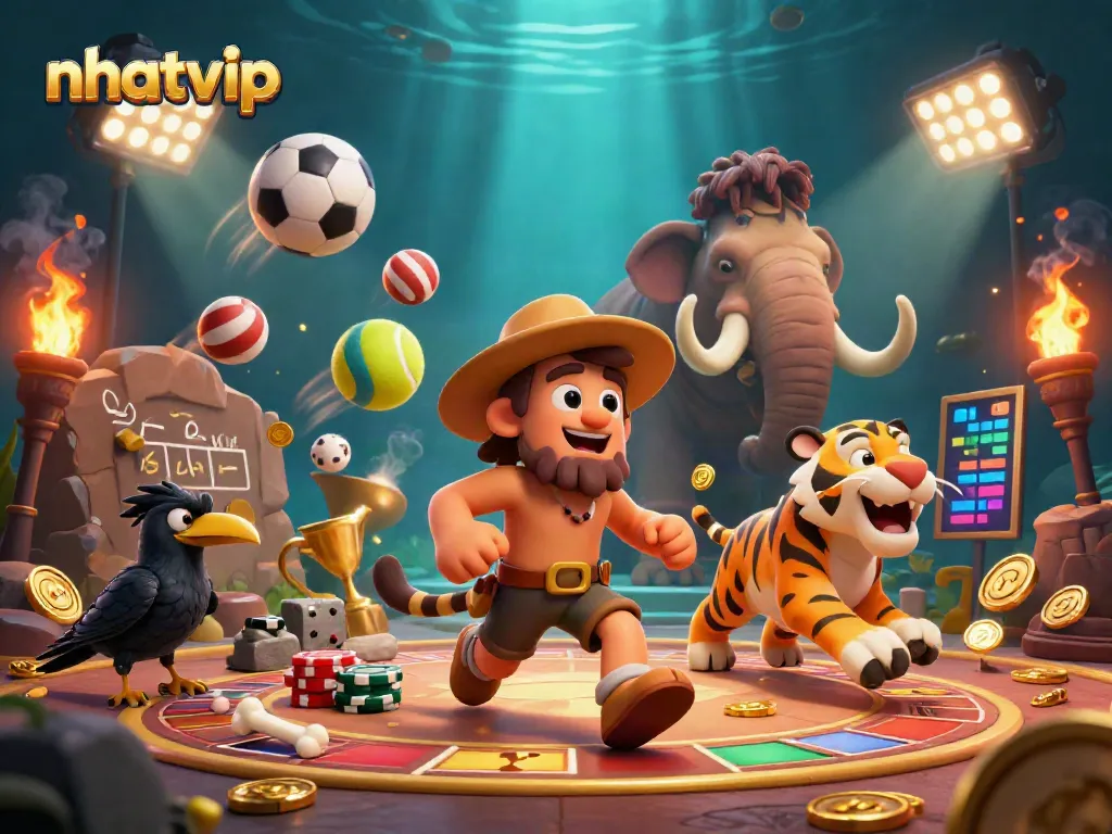 Experience the excitement of nhatvip in a dynamic prehistoric casino scene with action-packed elements.