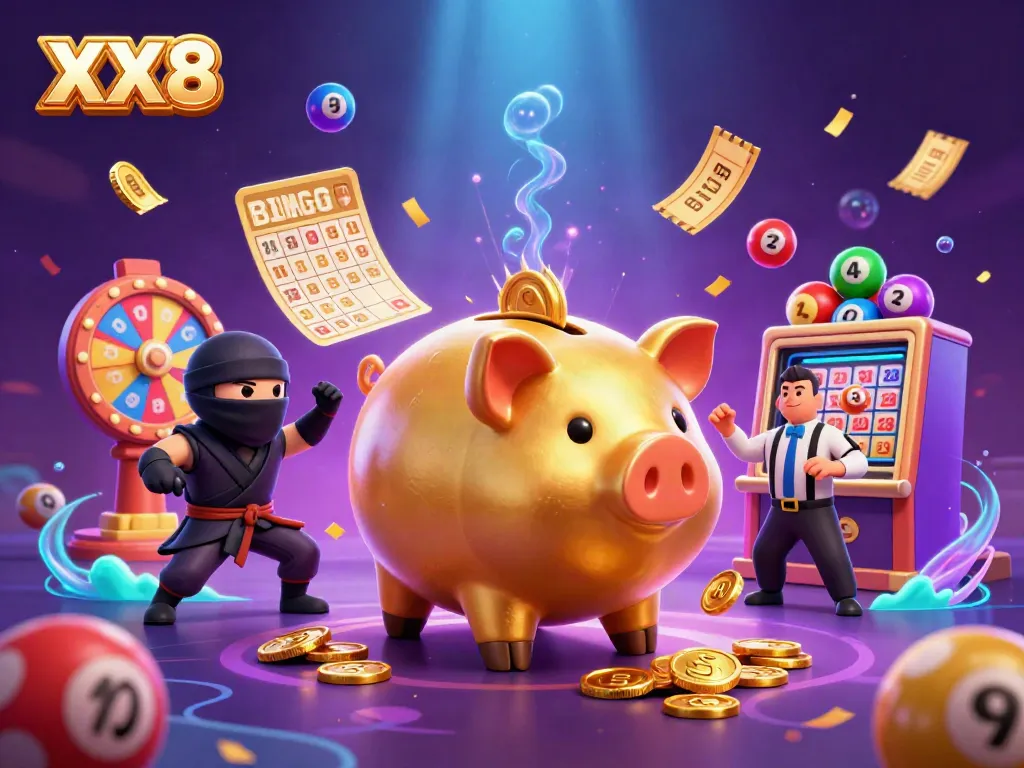 Experience the excitement of XX8 with this vibrant casino scene featuring a piggy bank sumo wrestler, ninja, and referee.