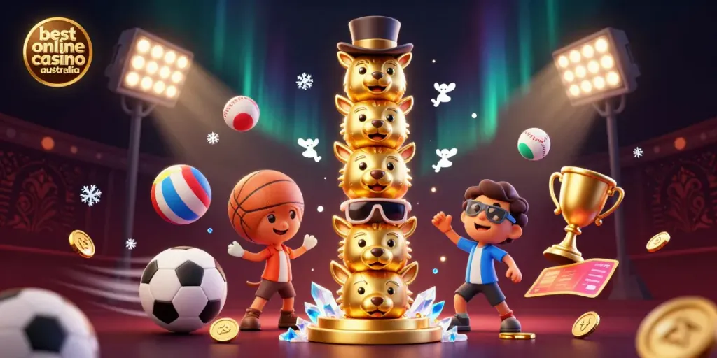 Engage with the best online casino Australia through a dynamic 3D illustration showcasing casino-themed elements.