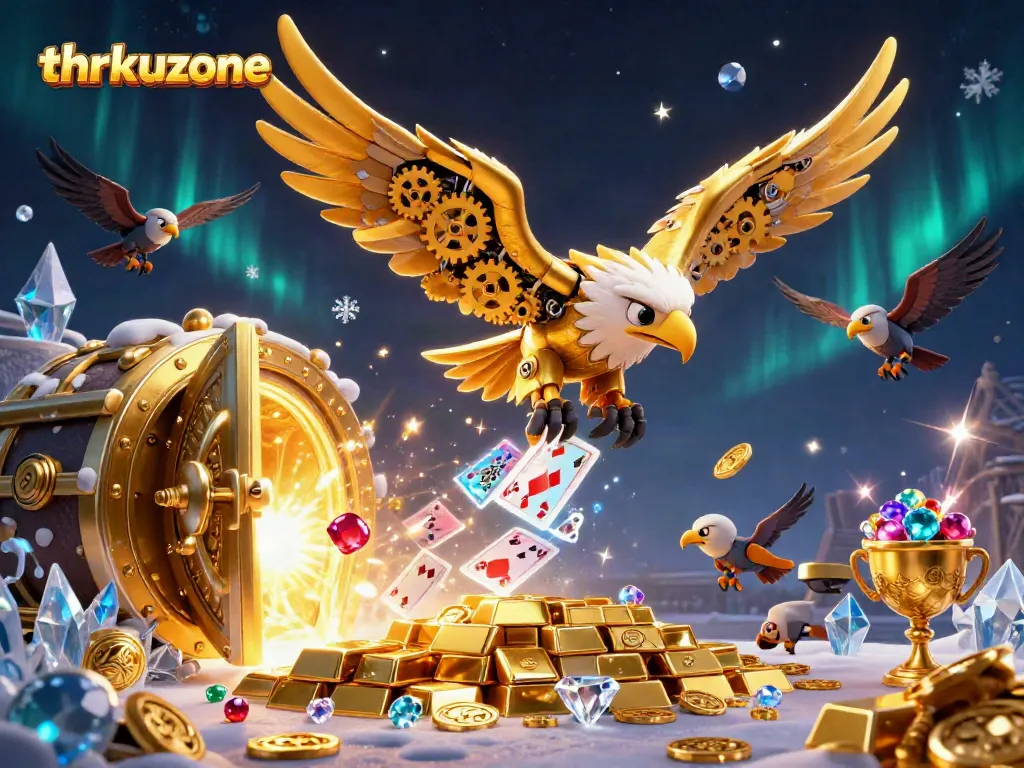 Experience winning moments at thrkuzone, where a golden eagle interacts with holographic cards and treasures.