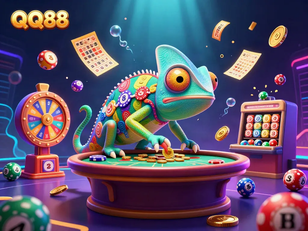 Engaging QQ88 casino scene featuring colorful elements and a dynamic chameleon character.