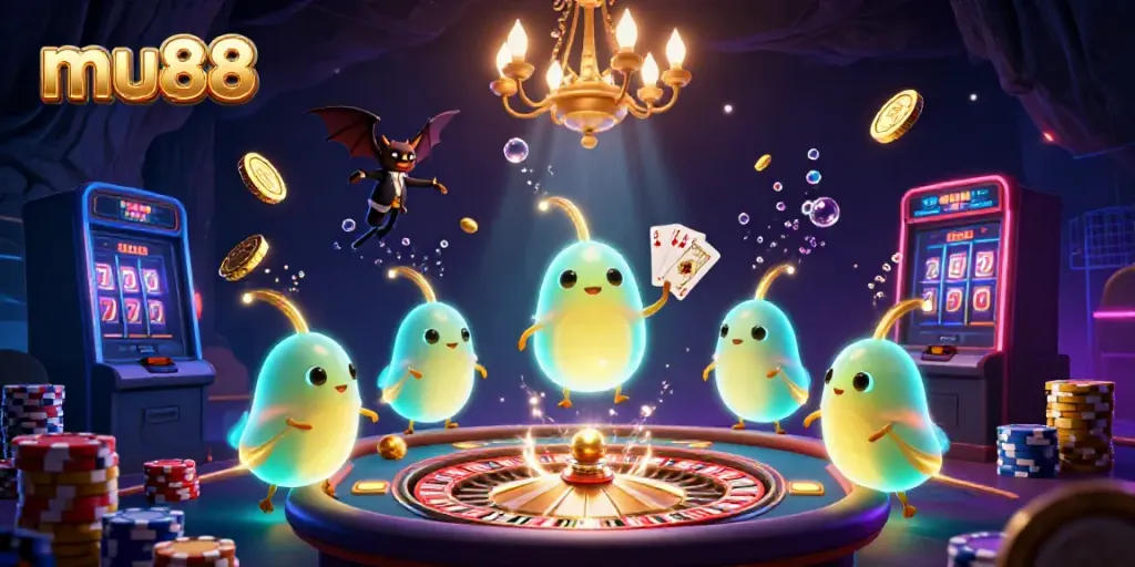 Experience the thrilling atmosphere of mu88's cave casino with glowing characters and vibrant game elements.