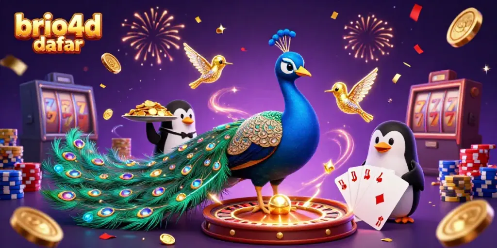 Experience exciting games with brio4d daftar featuring slot reels, vibrant characters, and festive decorations.