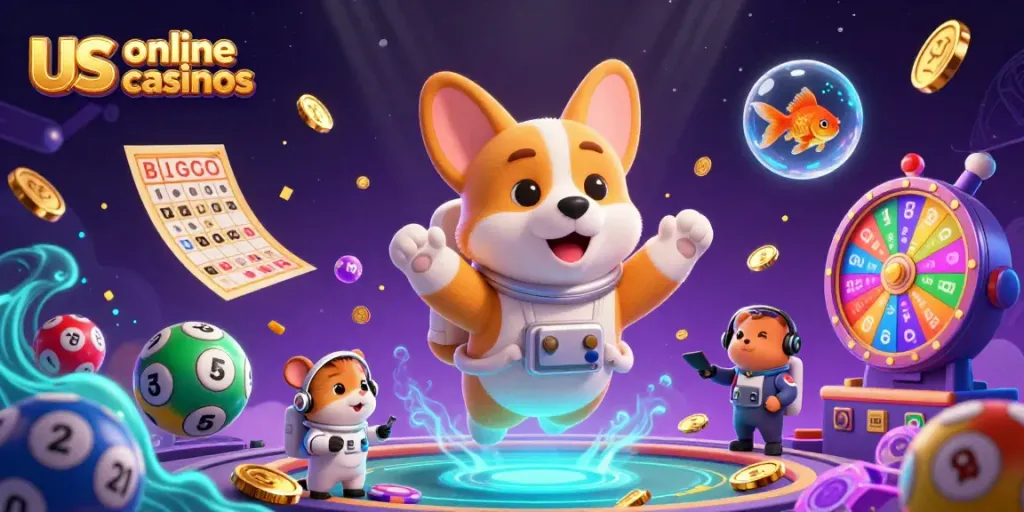 Experience the thrill of us online casinos with a floating corgi in a vibrant space casino.