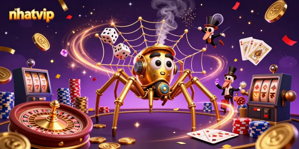 Nhatvip's thrilling casino scene showcases steampunk characters amidst a whirlwind of golden coins and vibrant poker chips.