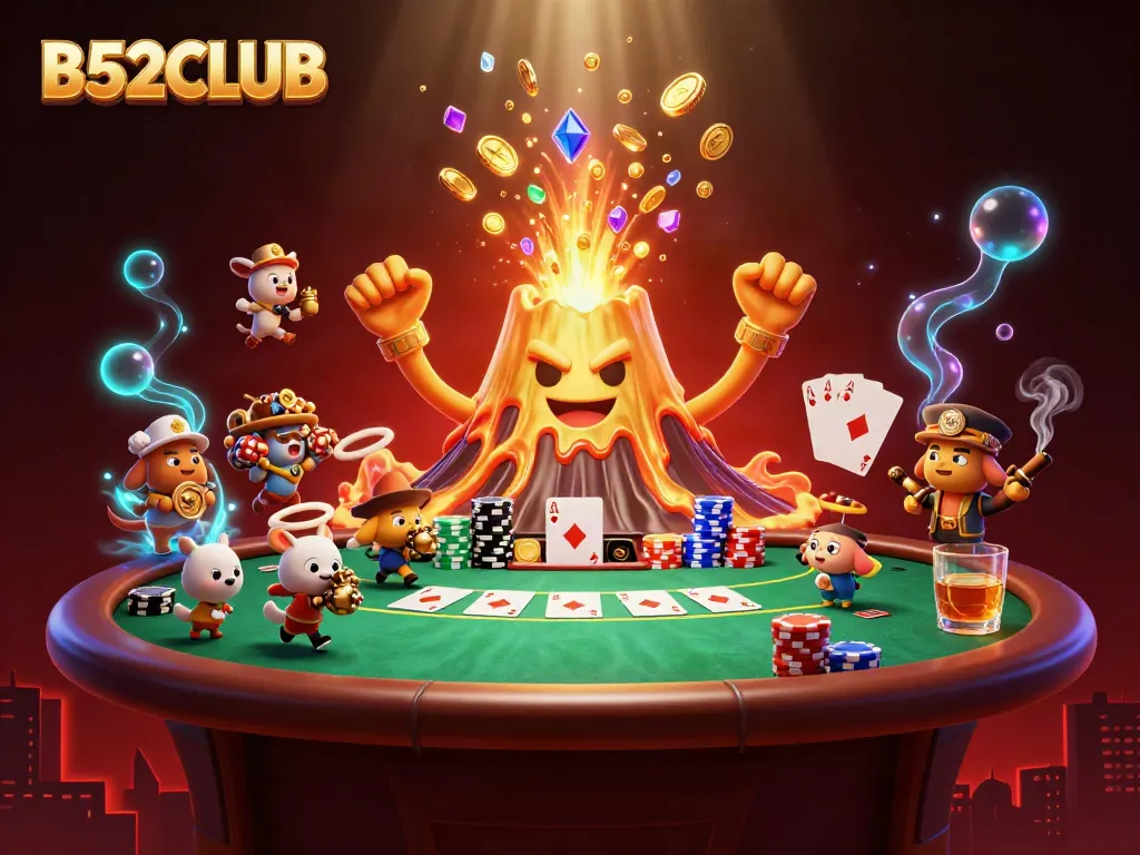 Experience the excitement of B52CLUB with a dynamic illustration of a golden volcano erupting coins.