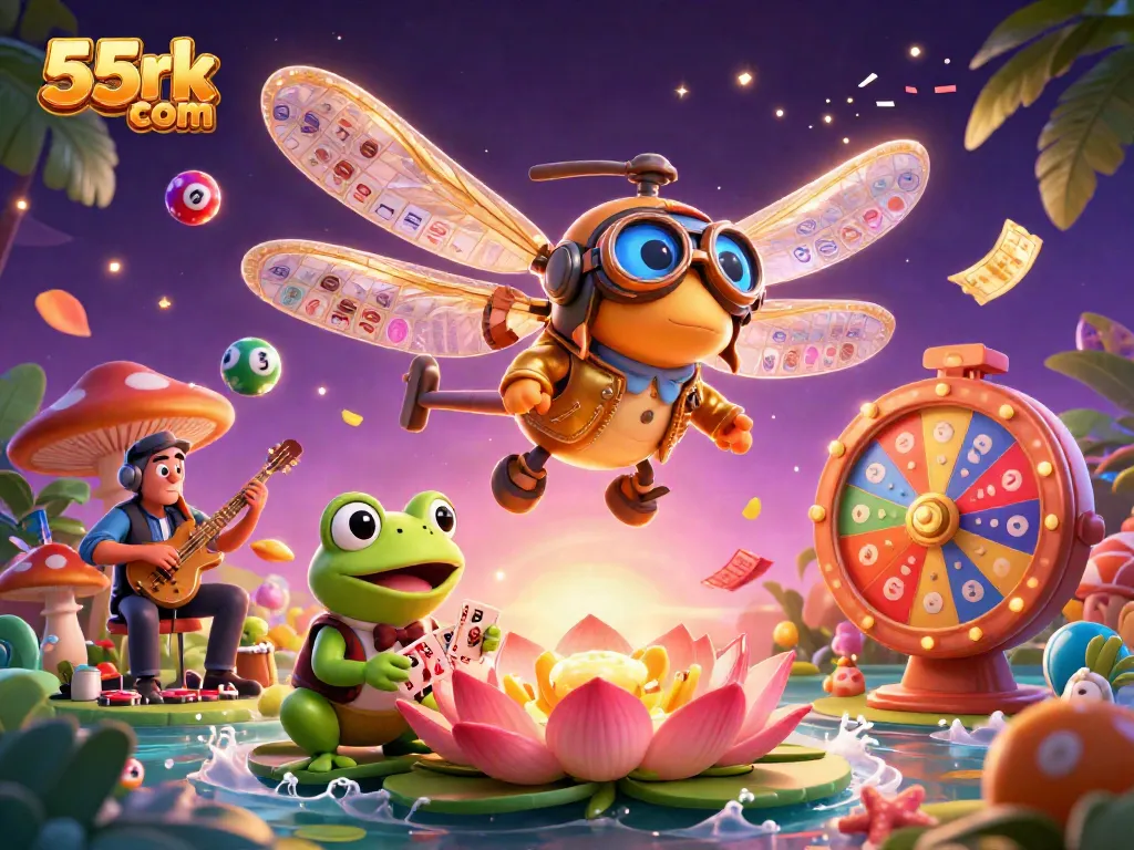 Experience thrilling gameplay with 55rk com at this vibrant lily pad casino featuring a dragonfly pilot and frog croupier.