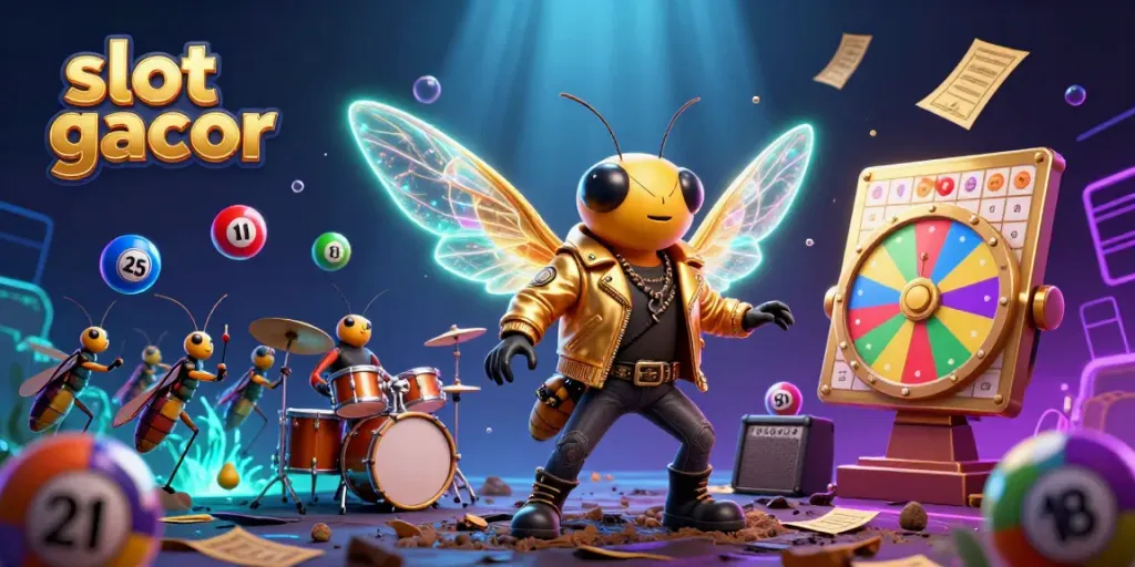 Experience the excitement of slot gacor with a vibrant 3D scene featuring animated characters and dynamic gambling elements.
