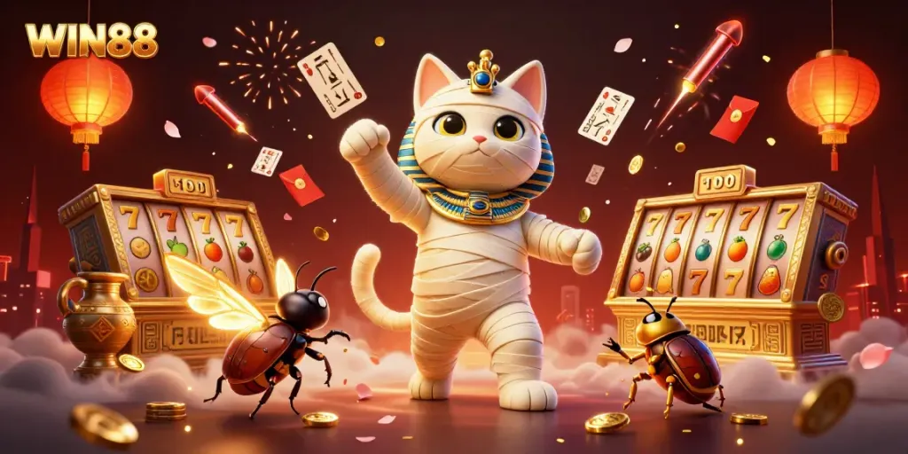 Experience the thrilling, vibrant world of WIN88 with an exploding mummy cat casino scene filled with dynamic elements.