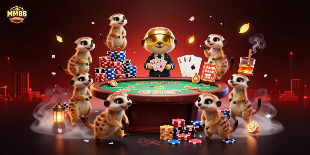 Engage with MM88’s vibrant casino world as meerkats deal cards and manage chips in a lively setting.