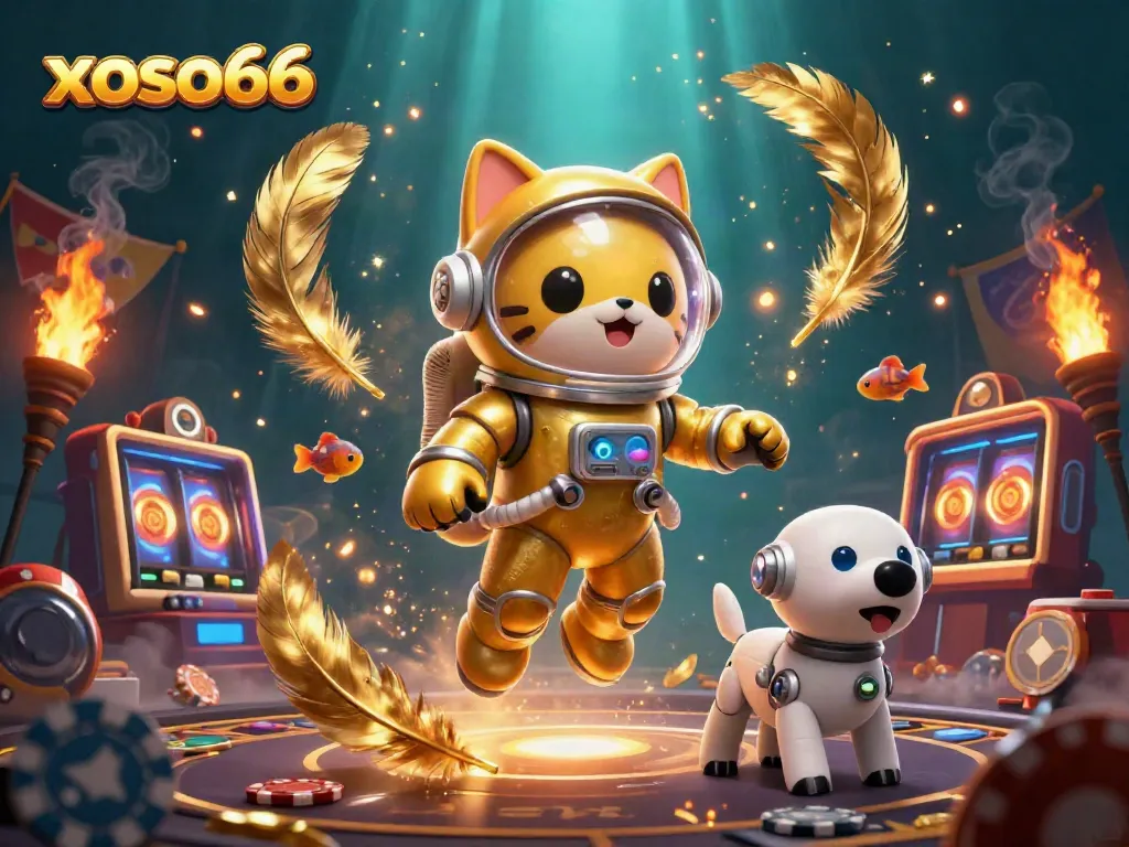 Experience exciting gameplay with xoso66 in a vibrant 3D casino scene featuring an astronaut cat and vibrant game elements