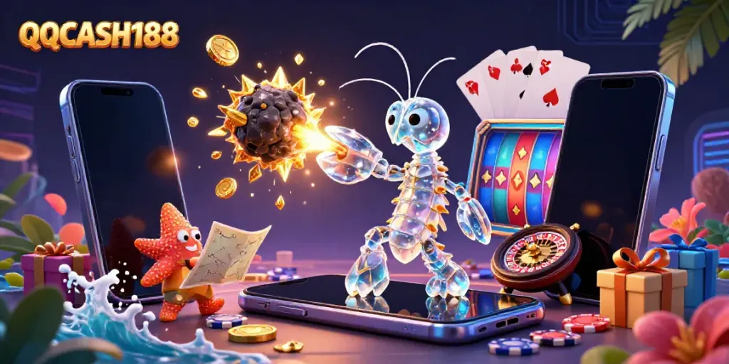 Engage in winning strategies with QQCASH188's vibrant casino action featuring a galactic samurai and starfish guide.