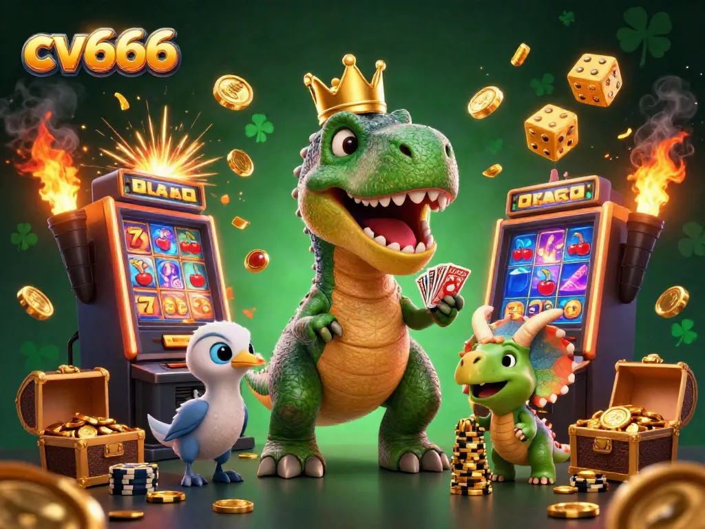Experience thrilling slots at cv666 with cartoon dinosaurs enjoying a jackpot moment