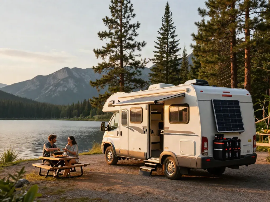 Couple enjoying outdoor RV life with lithium batteries for RV in scenic lake setting