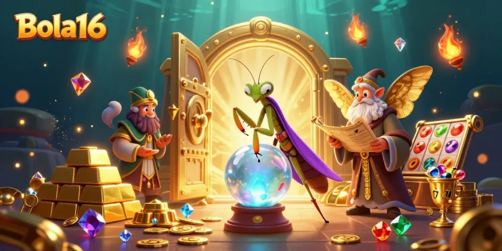 Engage with Bola16 for thrilling slot gameplay, featuring dynamic casino illustrations and vibrant visuals.